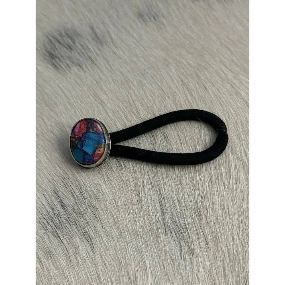 Native American Navajo Handmade Sterling Silver Pink Blue Dahlia Oyster Hair Tie